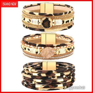 3-Piece Faux Leather Cuff Bracelet Set with Magnetic Clasp